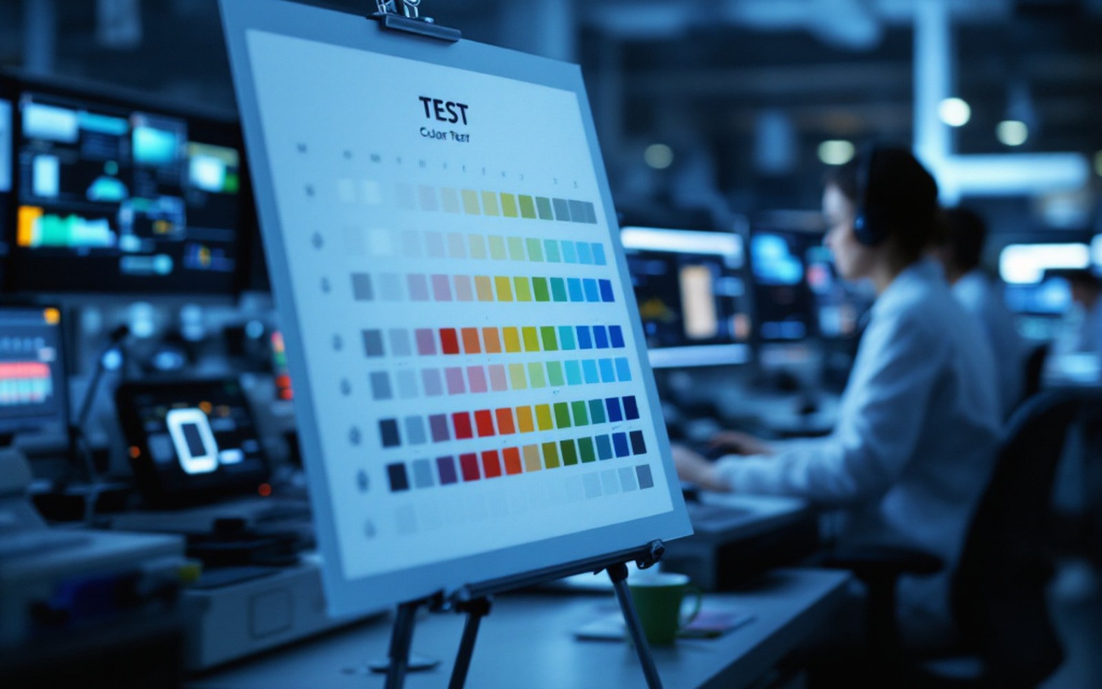 A printed colour test chart of grey and colour patches propped under controlled even lighting