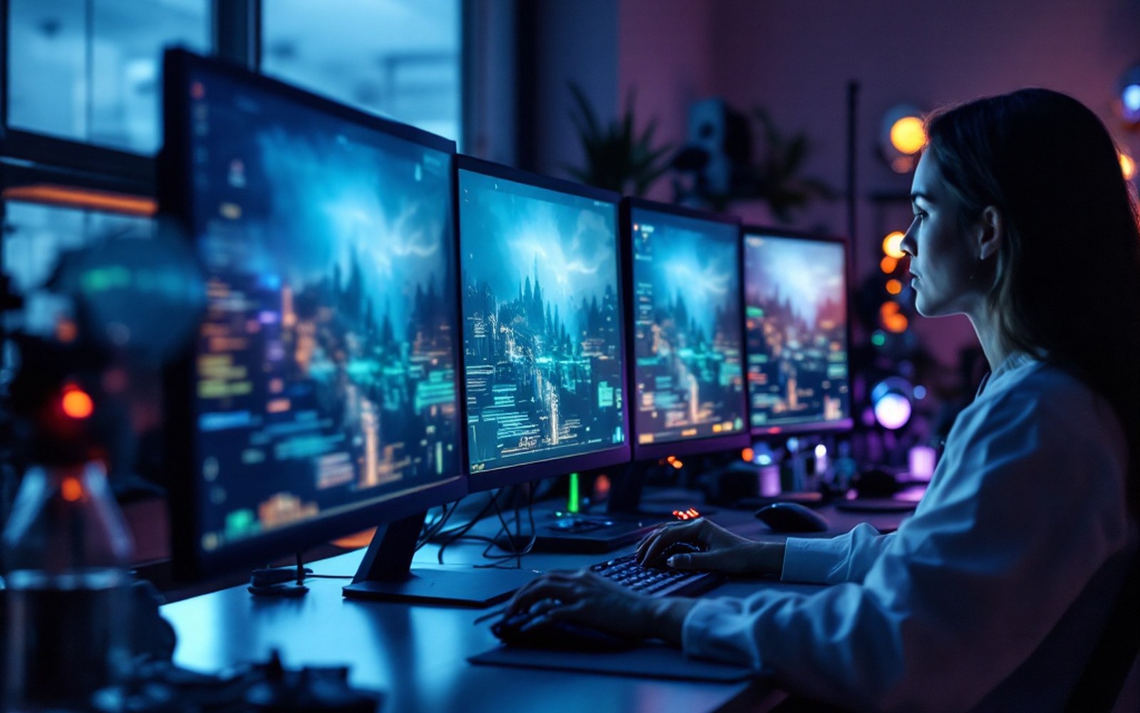 A row of monitors on a plain studio desk showing the same image, seen from the side
