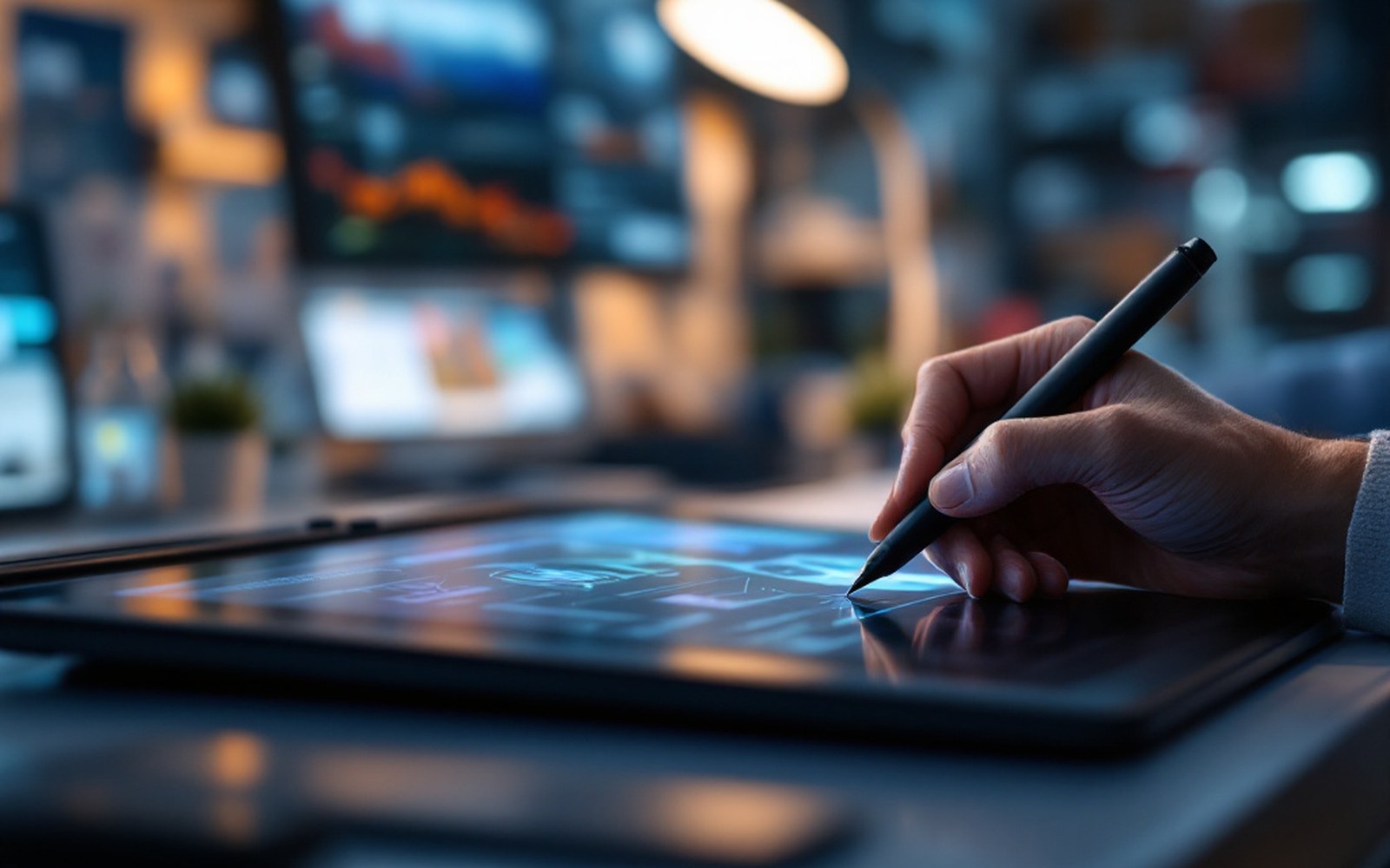 A stylus mid-stroke on a graphics tablet with an adult hand at the edge of the frame, desk lamp