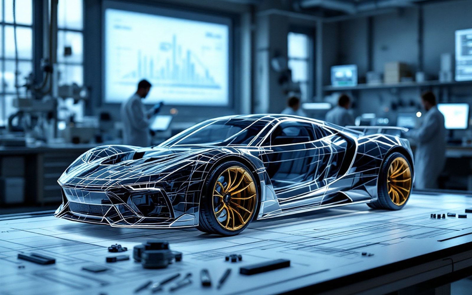 A full-size car body drawing on a drafting table with flexible splines and weights holding a curve