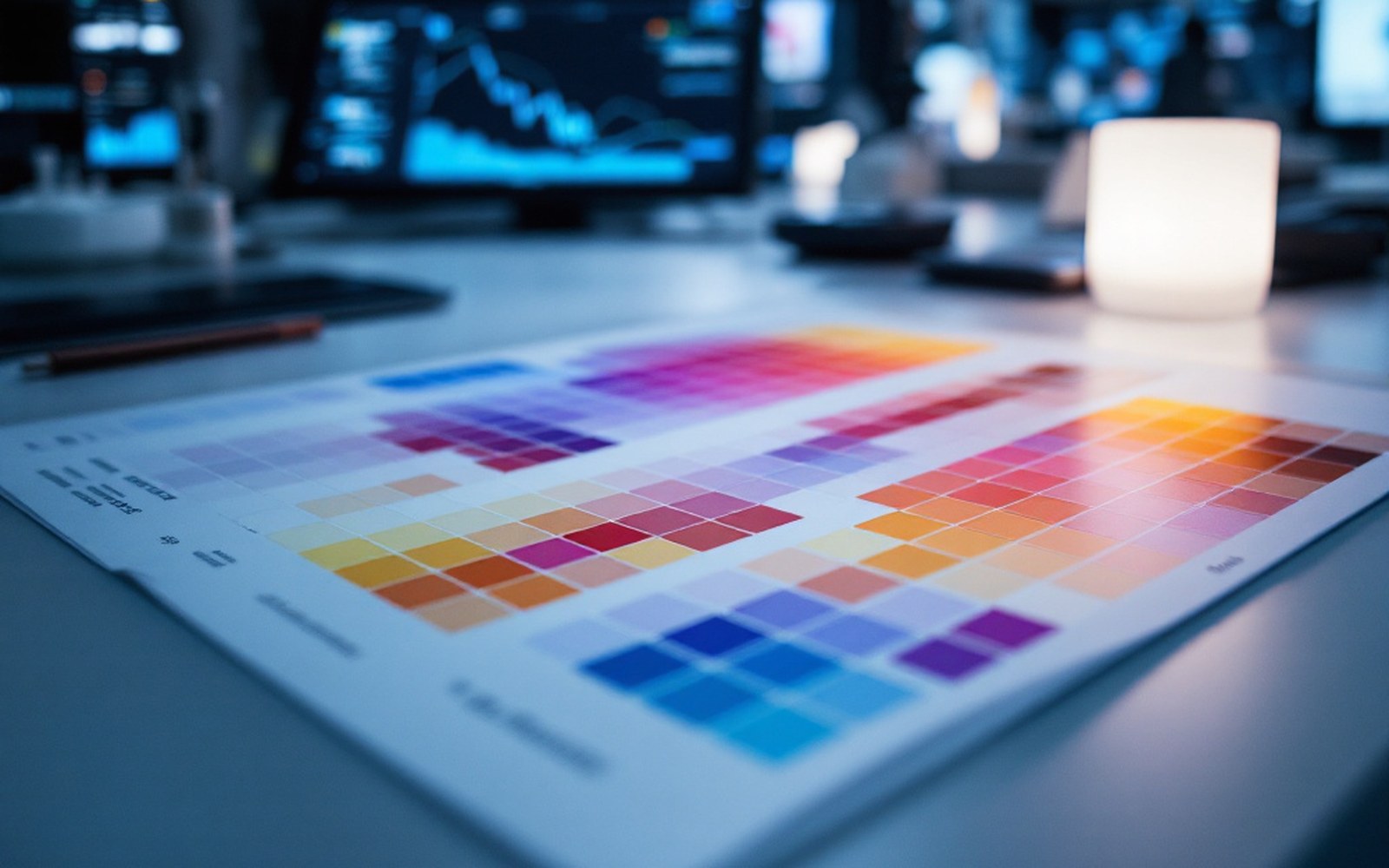 A colour chart with saturated patches photographed under controlled lighting, flat on a neutral surface