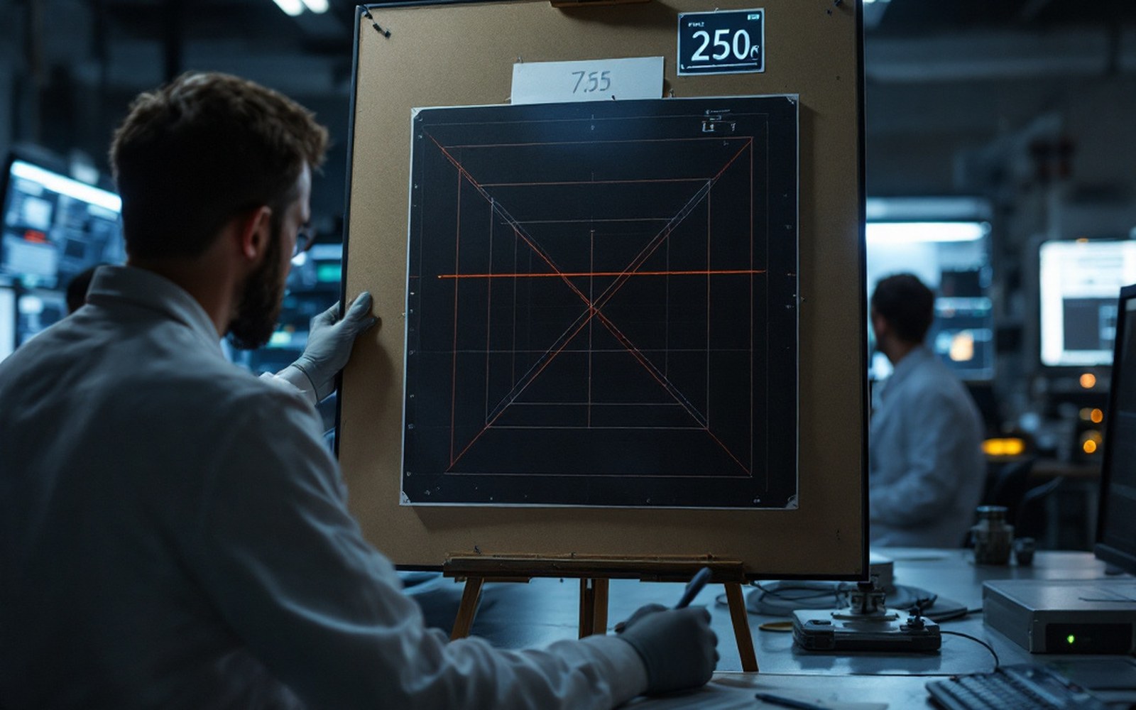 A photographic test target of converging line pairs pinned to a board under even light