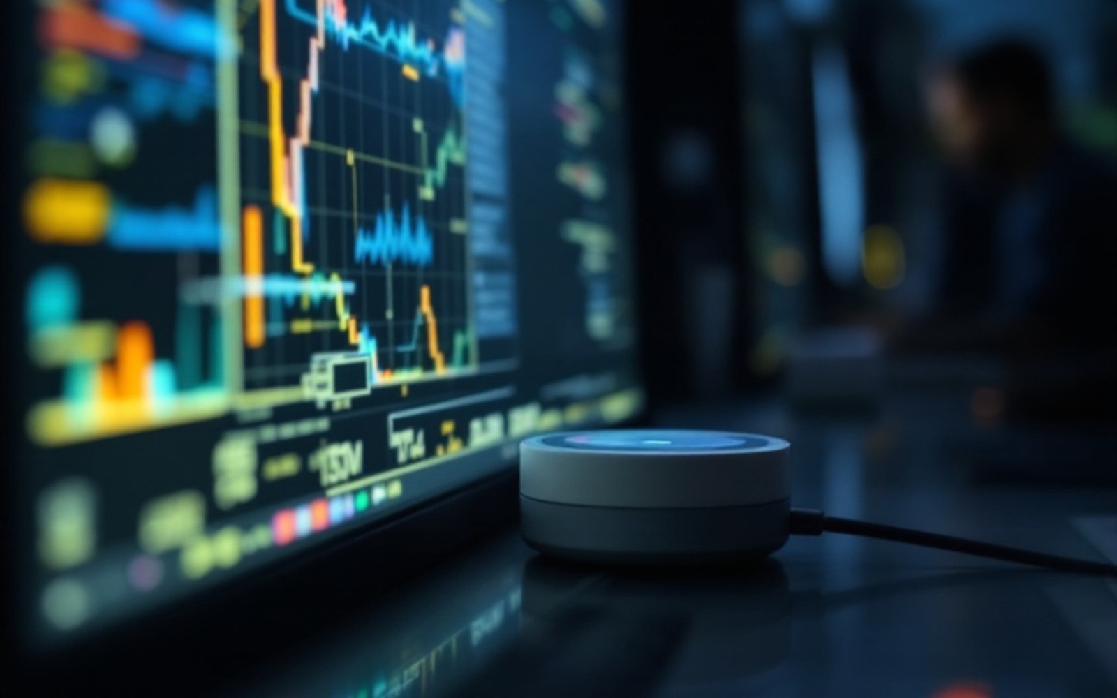 A colorimeter puck resting against a monitor face in a dim room