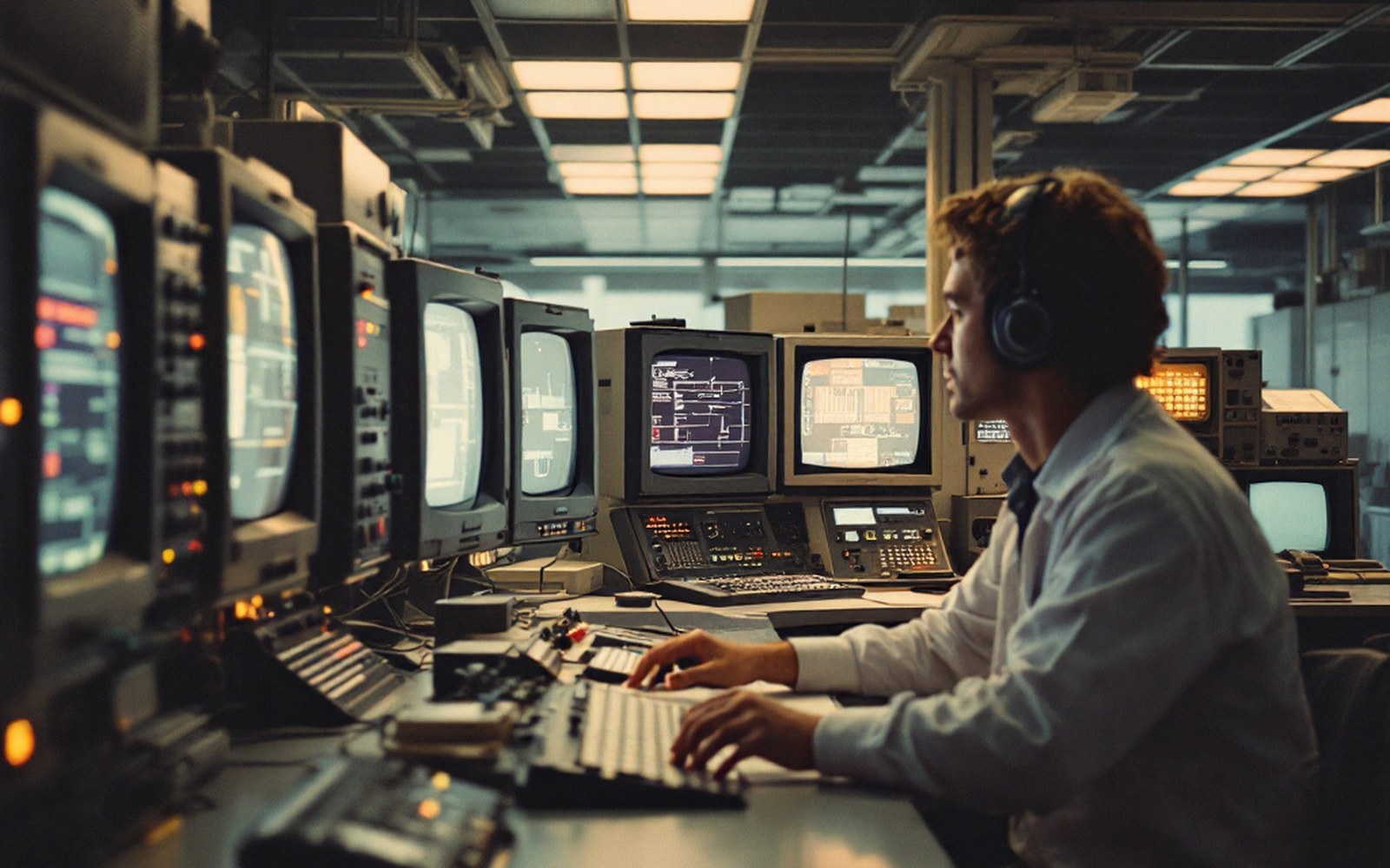 A 1970s research laboratory with a large console, a colour monitor and equipment racks behind