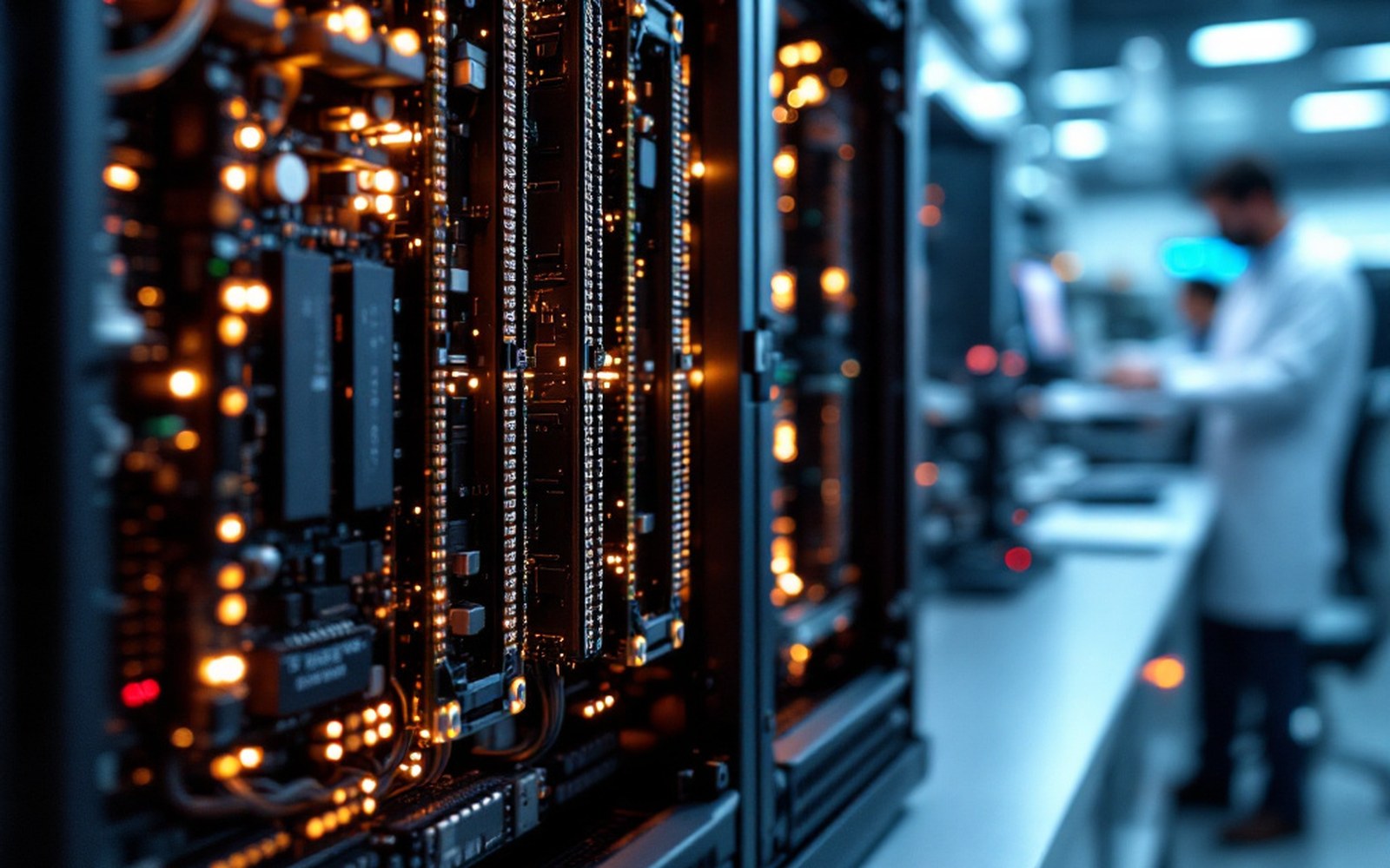 An open computer chassis with large memory boards exposed, laboratory bench, close