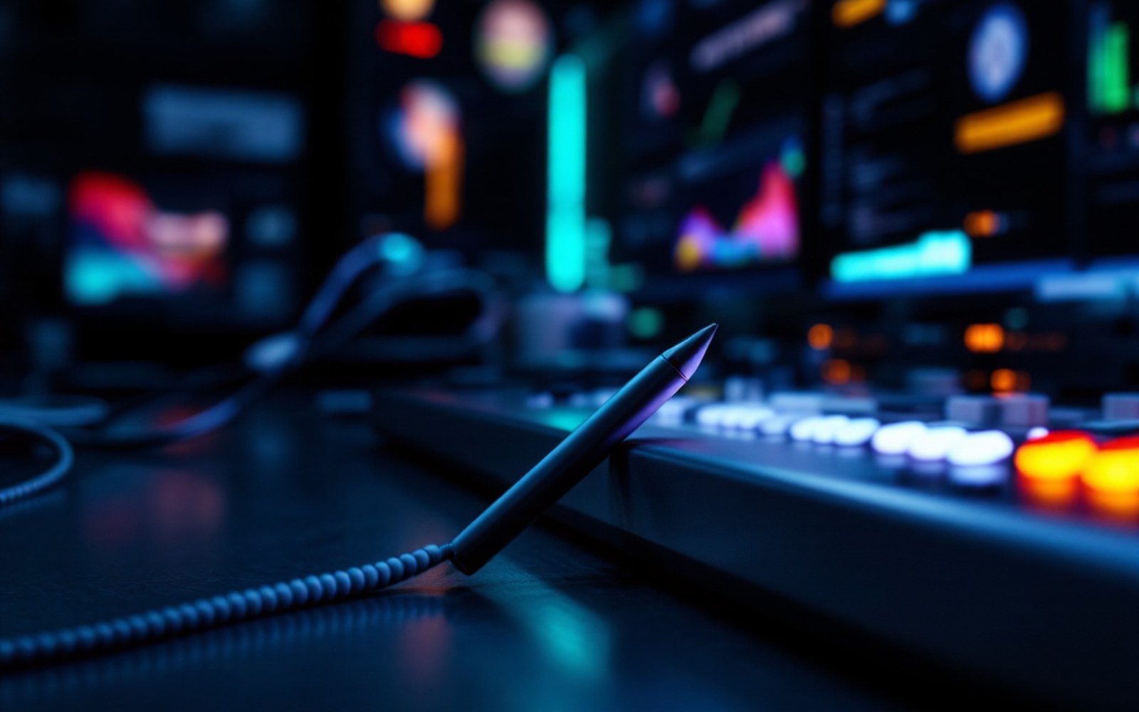 A stylus tethered by a coiled cable resting against a rounded monitor bezel, dim room