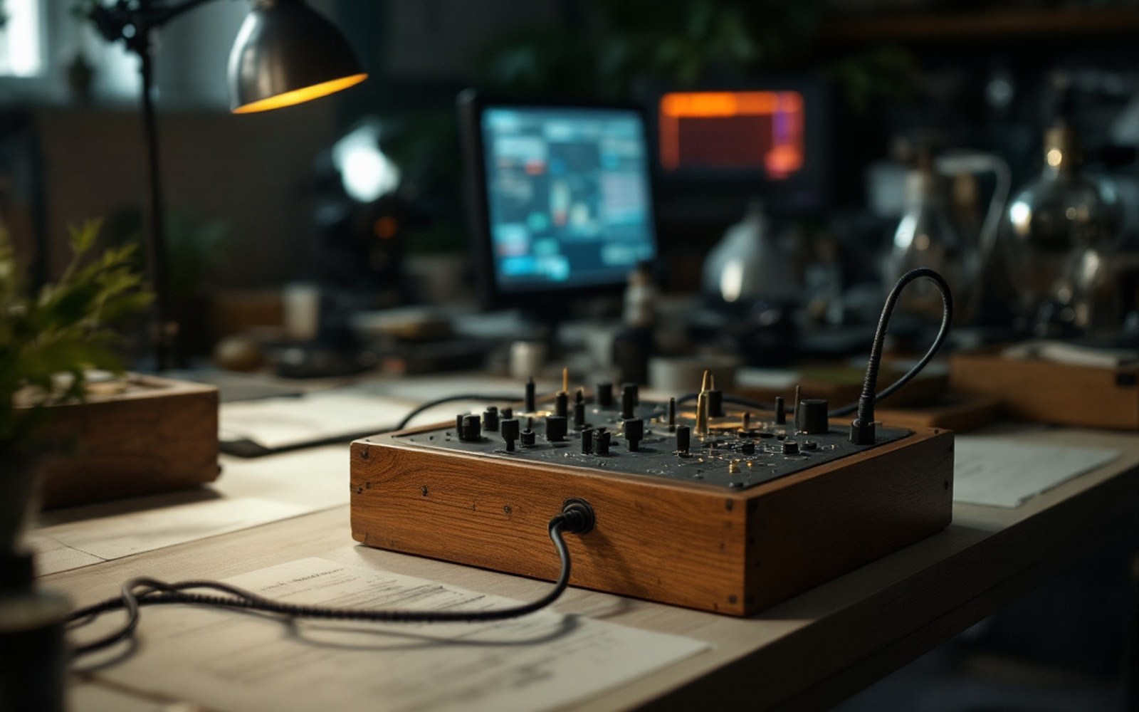 An early wooden-cased pointing device with a cable, on a plain desk, side light