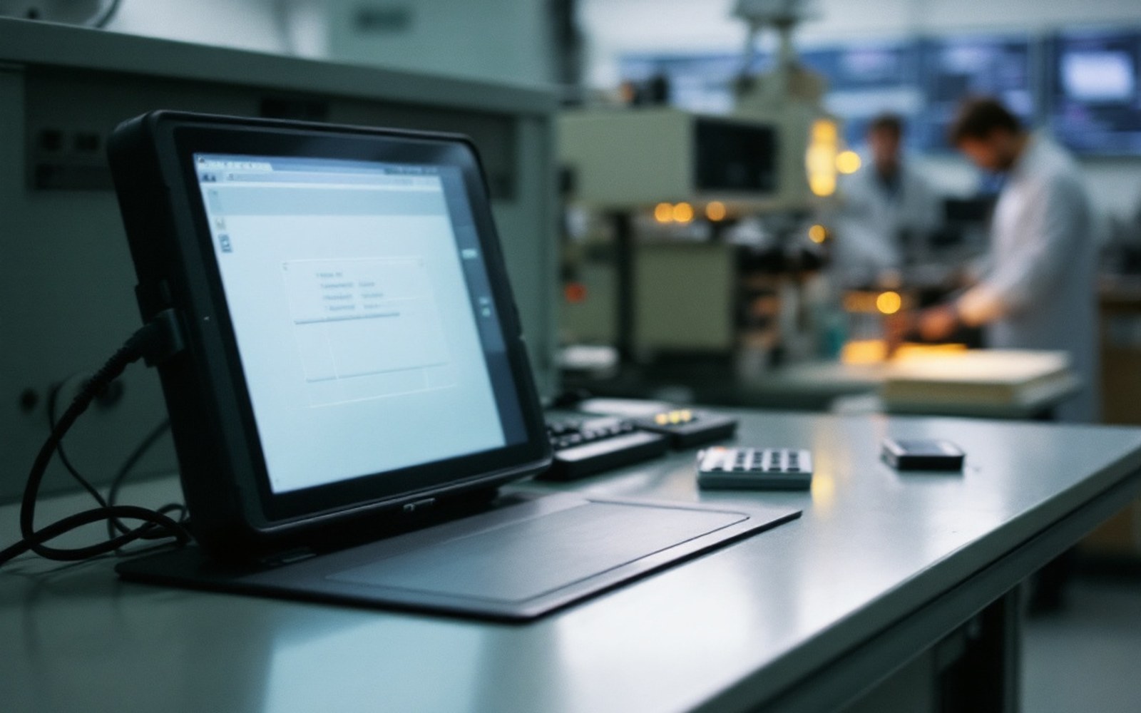 A 1960s electronic digitising tablet with a tethered stylus resting on its surface, connected to a large equipment cabinet in a research laboratory