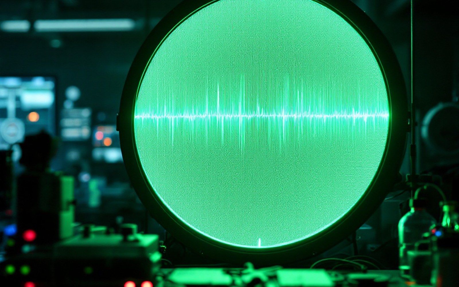 A round green phosphor display screen showing thin bright line traces in a dark room