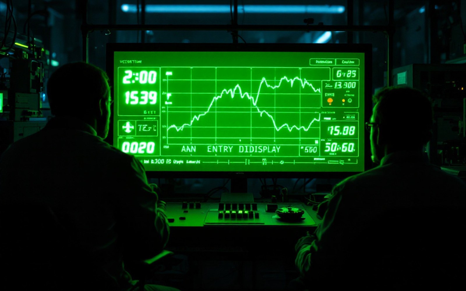 An early vector display glowing green in a dark laboratory with a console beneath it